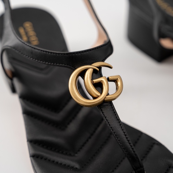 size 40.5G - Gucci Marmont GG Thong T-Strap Sandals Black Leather Chuck Heel - Picture 7 of 12